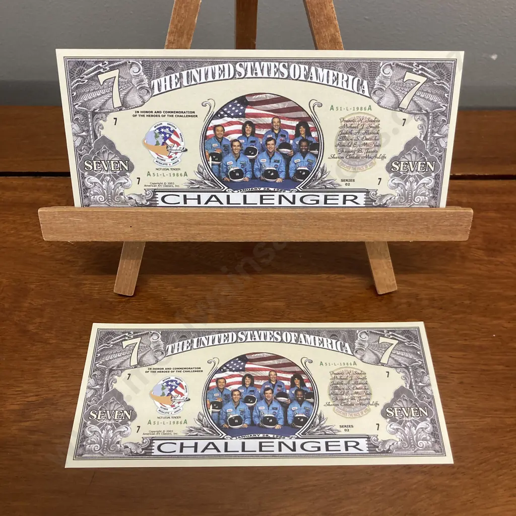 Pair of Space Shuttle Challenger Seven Dollar Novelty Bills Image 1++